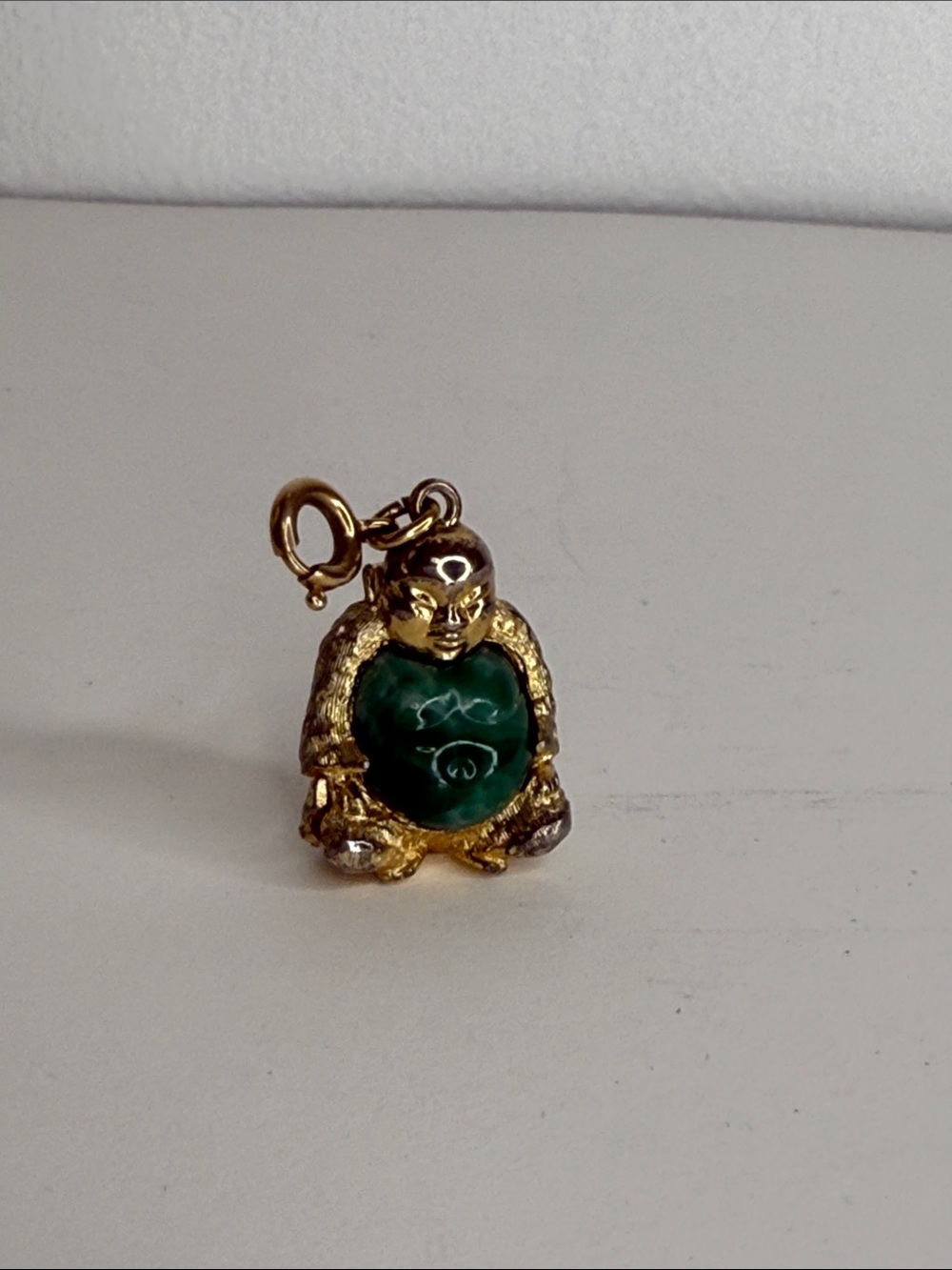 Vintage Monet Buddha Lucky Charm Gold Tone Green Cabochon Pendant Signed *RARE*